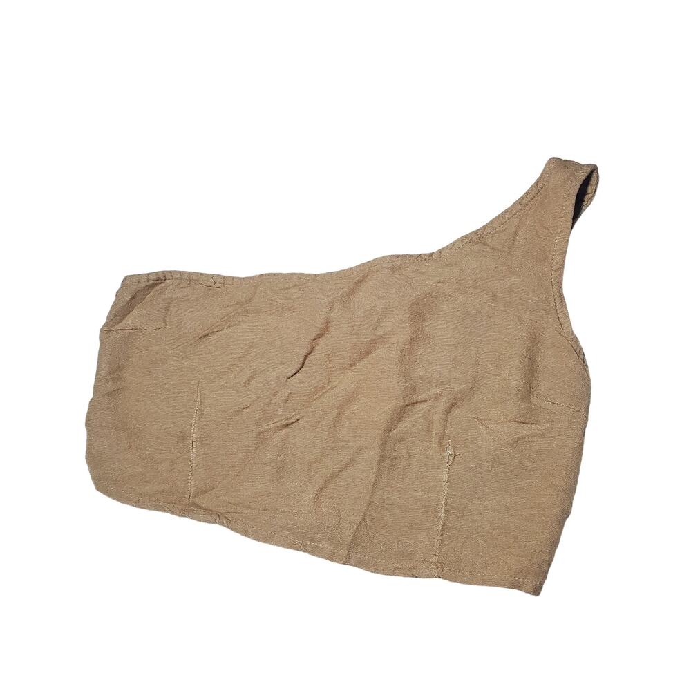 🔥 Japna One Shoulder Crop Top Women's Size Medium Tan Beige Rayon Flax Blend